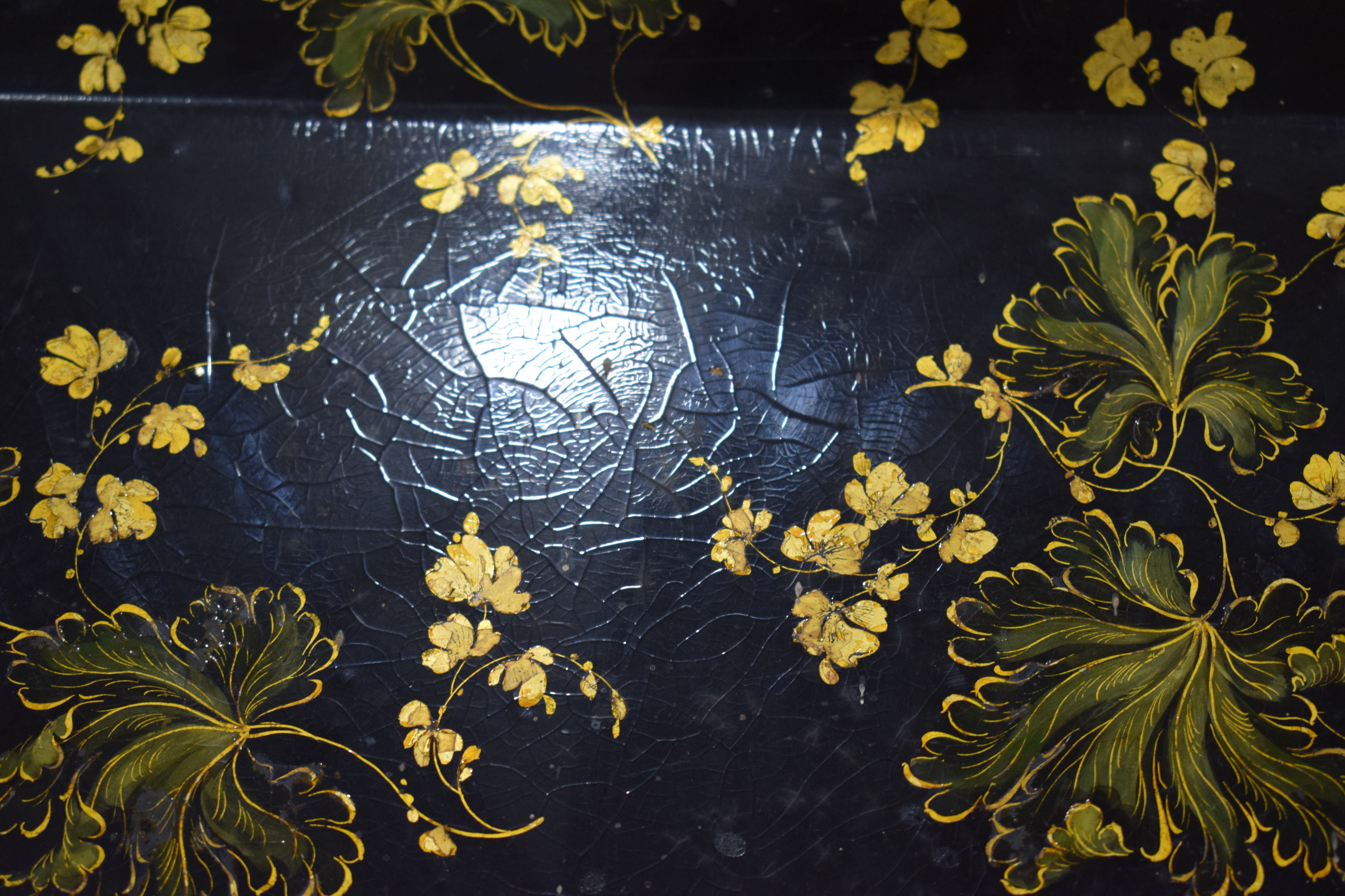 A Victorian black lacquered papier mache tray with gilt floral decoration, - Image 4 of 7