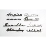 Eight chromed car name plates including Gazelle, Rover 90, Seven, Austin, Anglia, Austin-Healey,