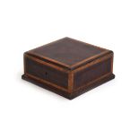 A late 19th/early 20th century mahogany and walnut crossbanded box of low square form on a plinth