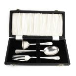 A mid-20th century silver harlequin three piece Christening set comprising pusher, fork and spoon,
