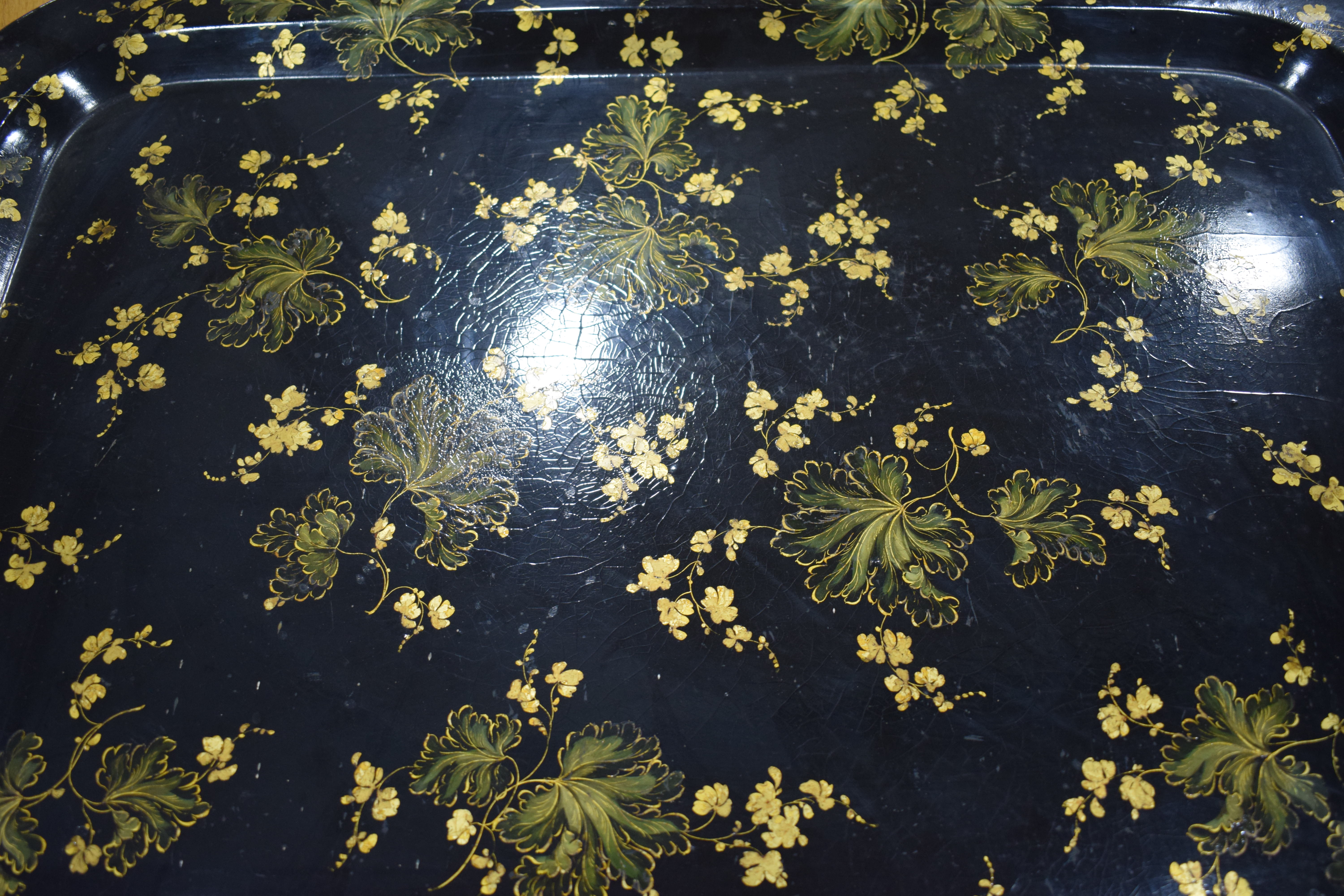 A Victorian black lacquered papier mache tray with gilt floral decoration, - Image 3 of 7