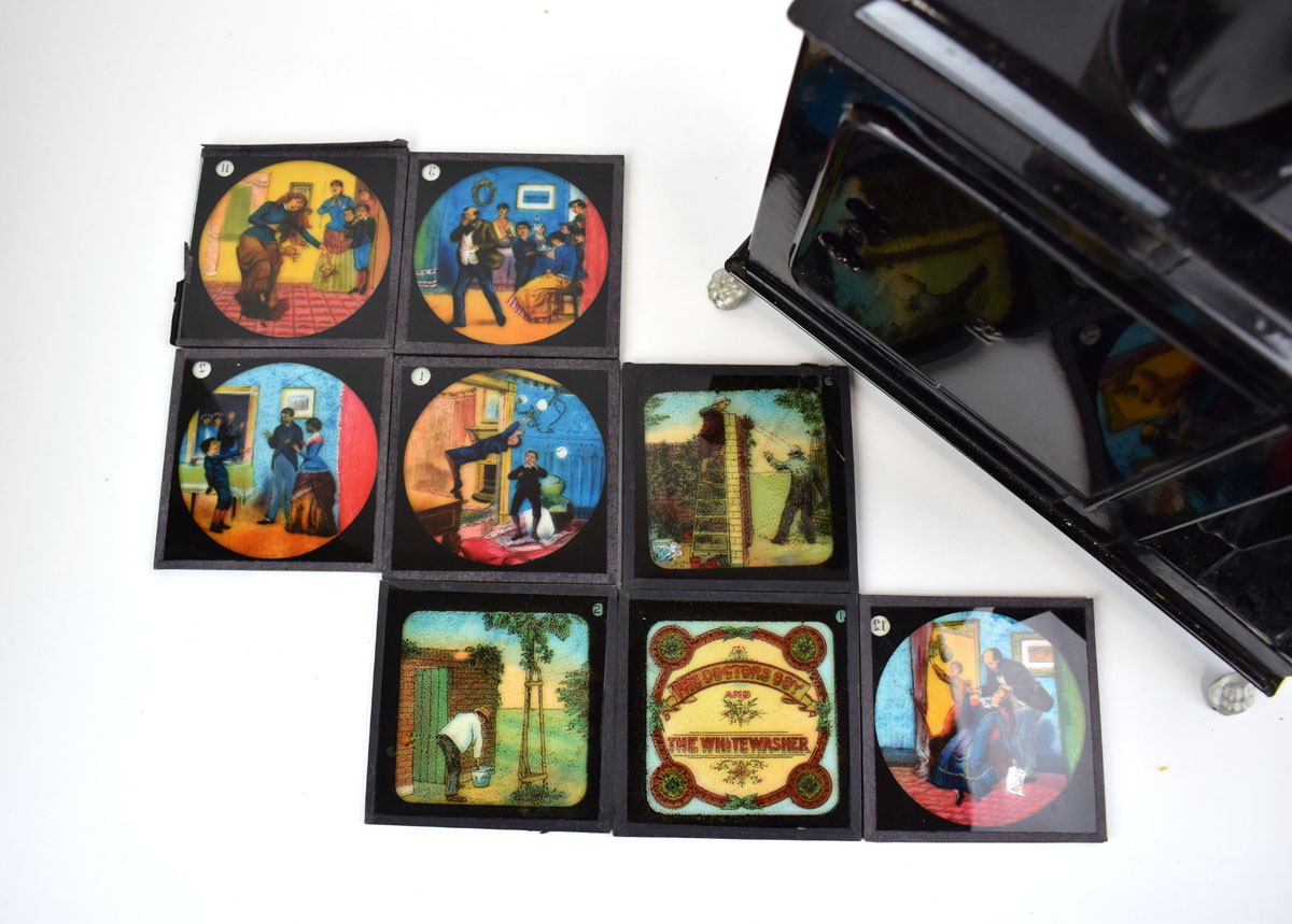 A Bing black tole magic lantern and thirty-nine slides including children's stories and personal - Image 3 of 6