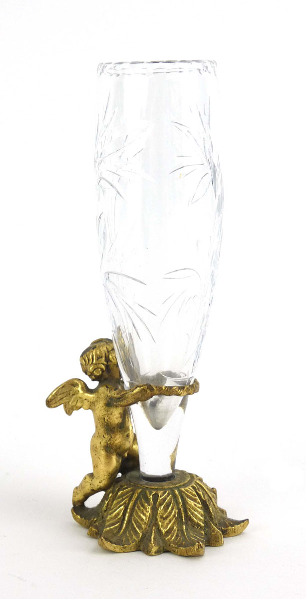 A Halcyon Days spill vase, the base modelled as a gilt cherub, h.