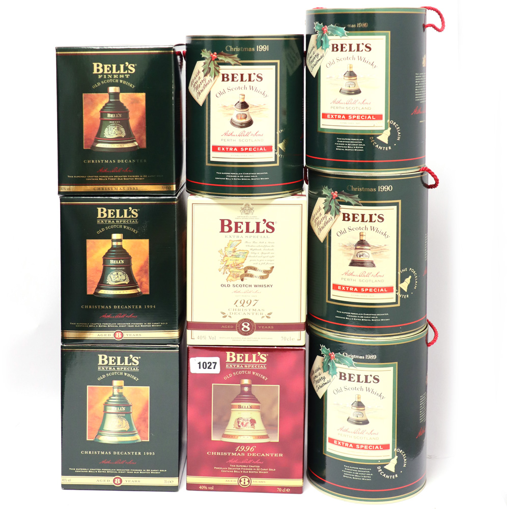 9 Bell's Christmas Bell Decanters with Cartons/Boxes for 1989(2 off) & 1990 43% 75cl plus 1991,1993,