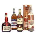 4 bottles, 1x Asbach Uralt Brandy from the Rhine Duty Free with box 1 litre,