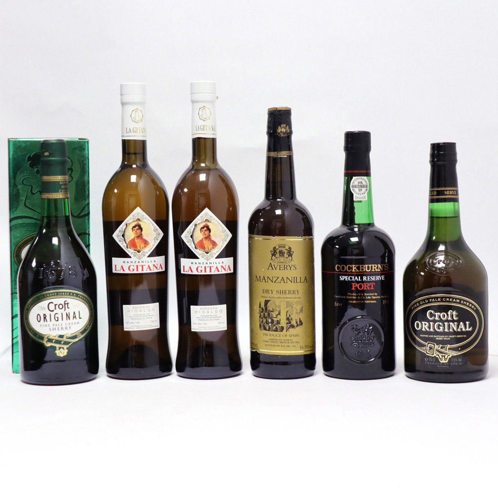6 bottles, 1x Cockburn's Special Reserve Port, 2x Croft Original Pale Cream Sherry,