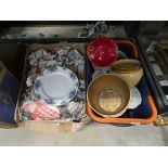 2 boxes containing Royal Albert Blue Rose pattern crockery, plus a quantity of flower pots