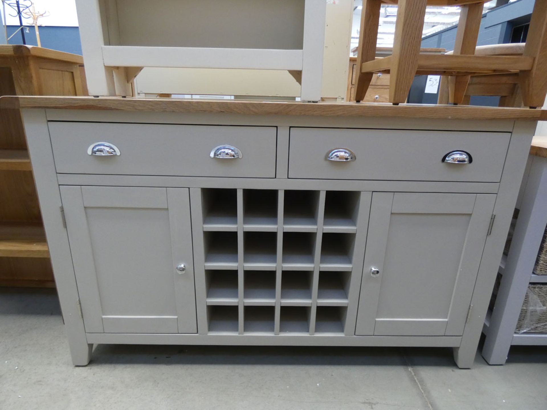 Grey painted oak sideboard with wine rack, 2 large drawers and single door cupboards under (23)