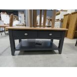 Blue painted oak coffee table with 2 drawers to side below and shelf (2)