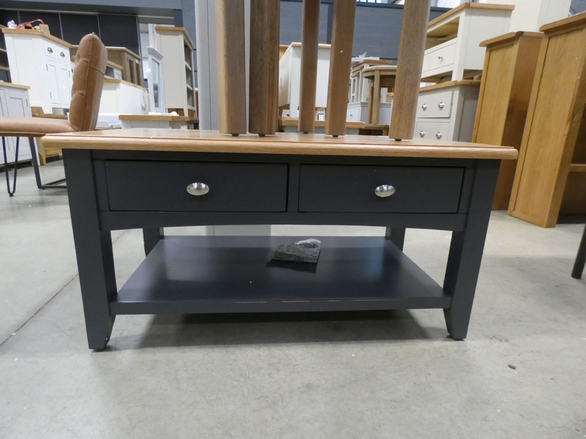 Blue painted oak coffee table with 2 drawers to side below and shelf (2)