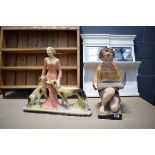 Plaster figure of elegant female and her 2 canine companions with similar figure of servant