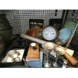A cage containing: military buttons, wristwatch, pair of binoculars, silver plated rose vases, books