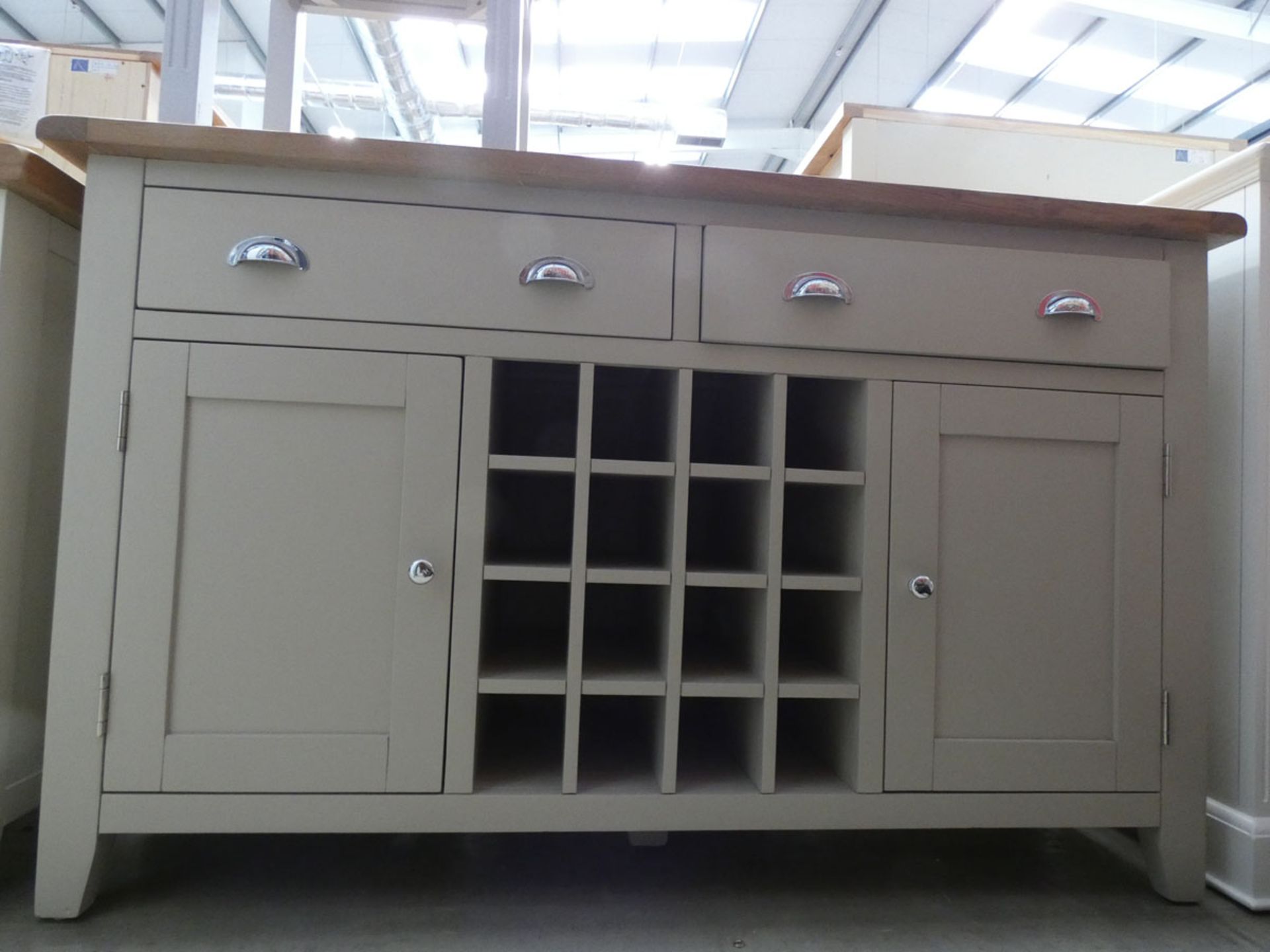 Large grey painted oak sideboard with wine rack, 2 drawers and 2 cupboards under (49)
