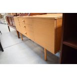 Mid century oak finish sideboard having 2 cupboards and 3 drawers