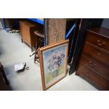 Narrow gilt framed mirror, 2 modern wall panels and Renoir print of a still life of a vase of