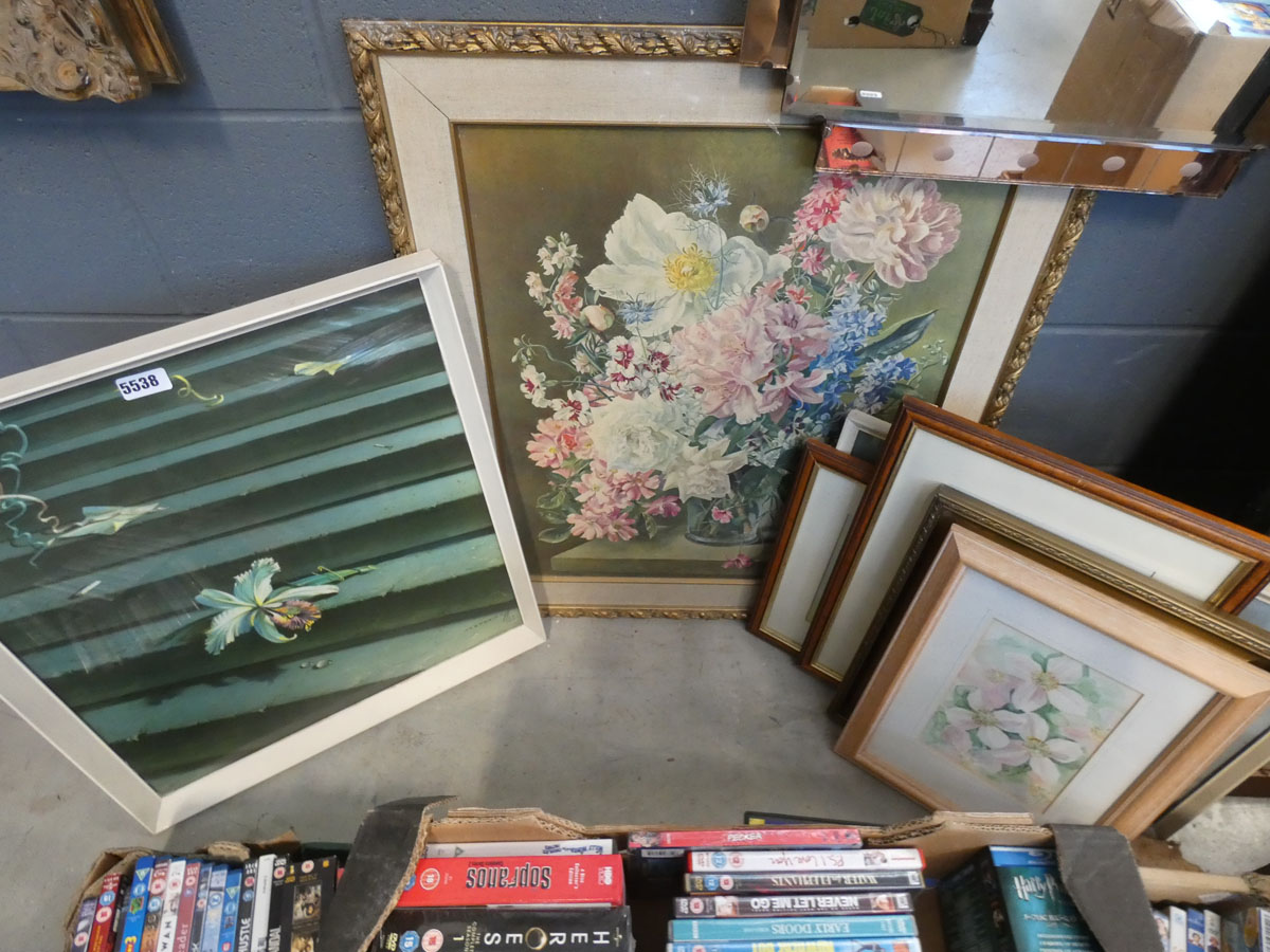 Tretchikoff print flowers on step, still life print, flowers in vase, plus prints of butterflies and