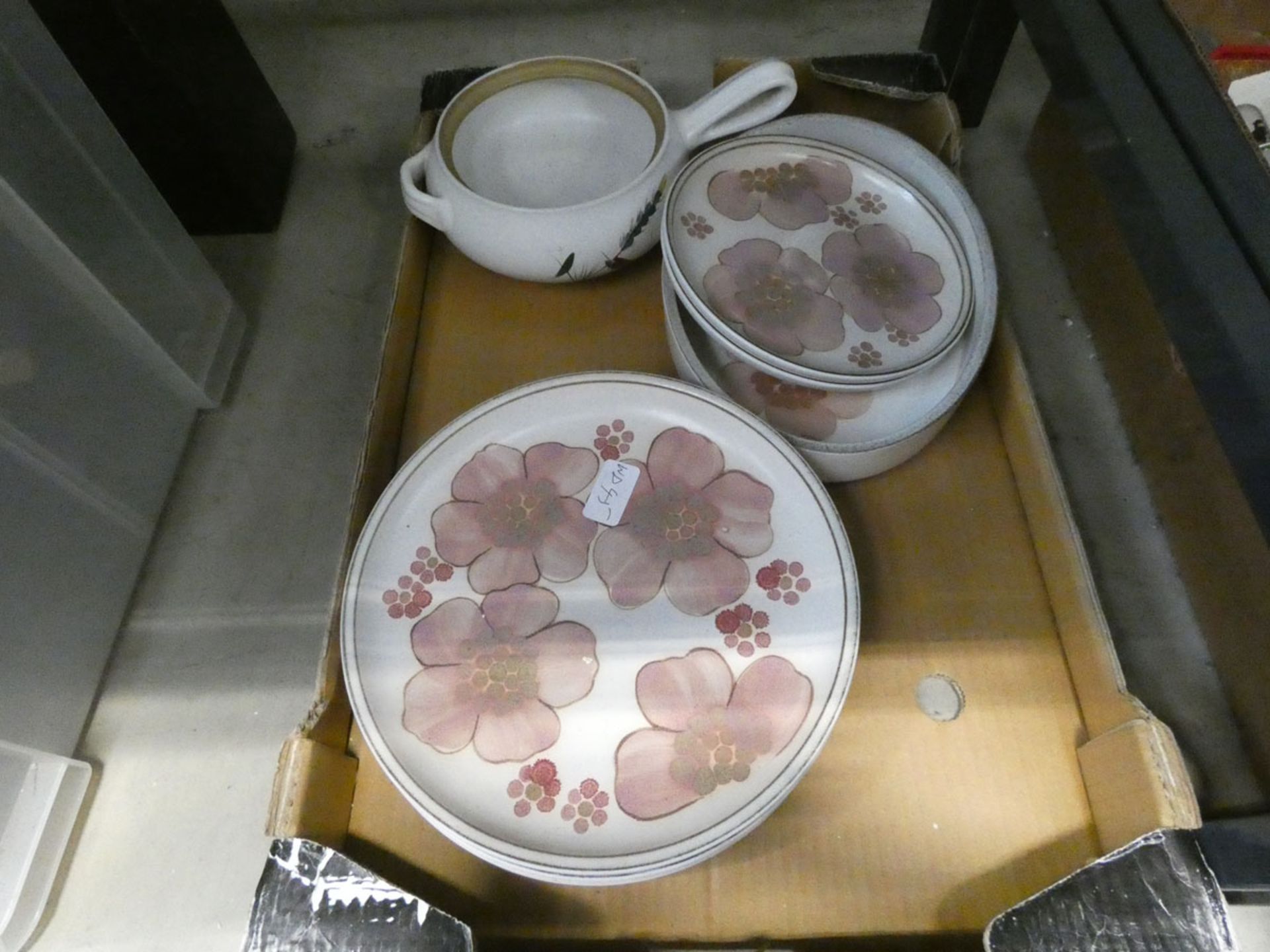 Box containing a quantity of floral pattern Denby crockery
