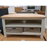 Cream painted oak corner TV unit with 2 shelves under and 2 wicker baskets (3)