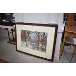 Framed and glazed print of woodland setting under snow
