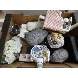 Box containing a camera, ornamental elephants, artificial roses, novelty teapot and general china