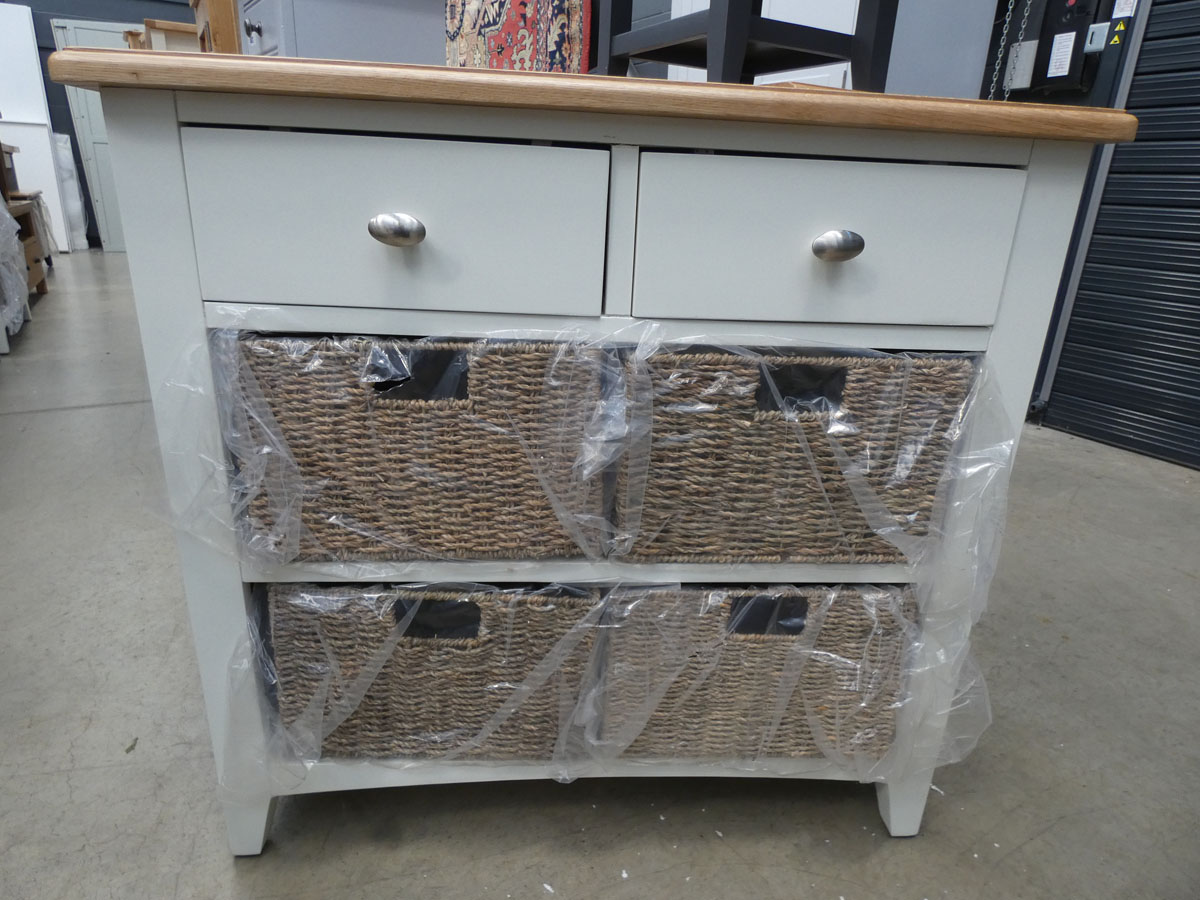 Cream painted oak hall table with 2 drawers and 4 wicker baskets (4)