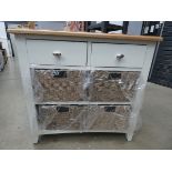 Cream painted oak hall table with 2 drawers and 4 wicker baskets (4)