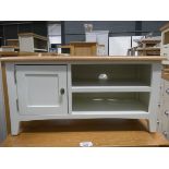 Small white painted oak TV audio unit with single cupboard and 2 shelves under (56)