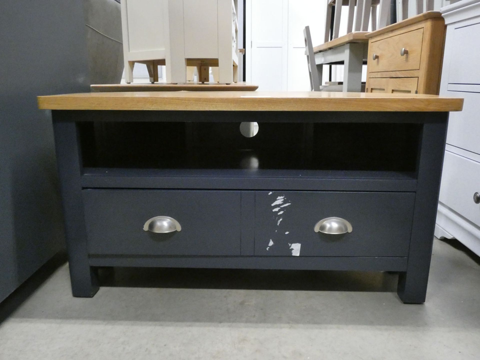 Blue painted oak corner TV audio unit with shelf under and large drawer (54)