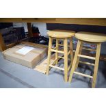 Small pair of rubber wood stools, pine single wall shelf and flat pack nest of 3 tables (AF)