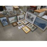 Box of various framed and glazed watercolours and prints together with a quantity of loose prints