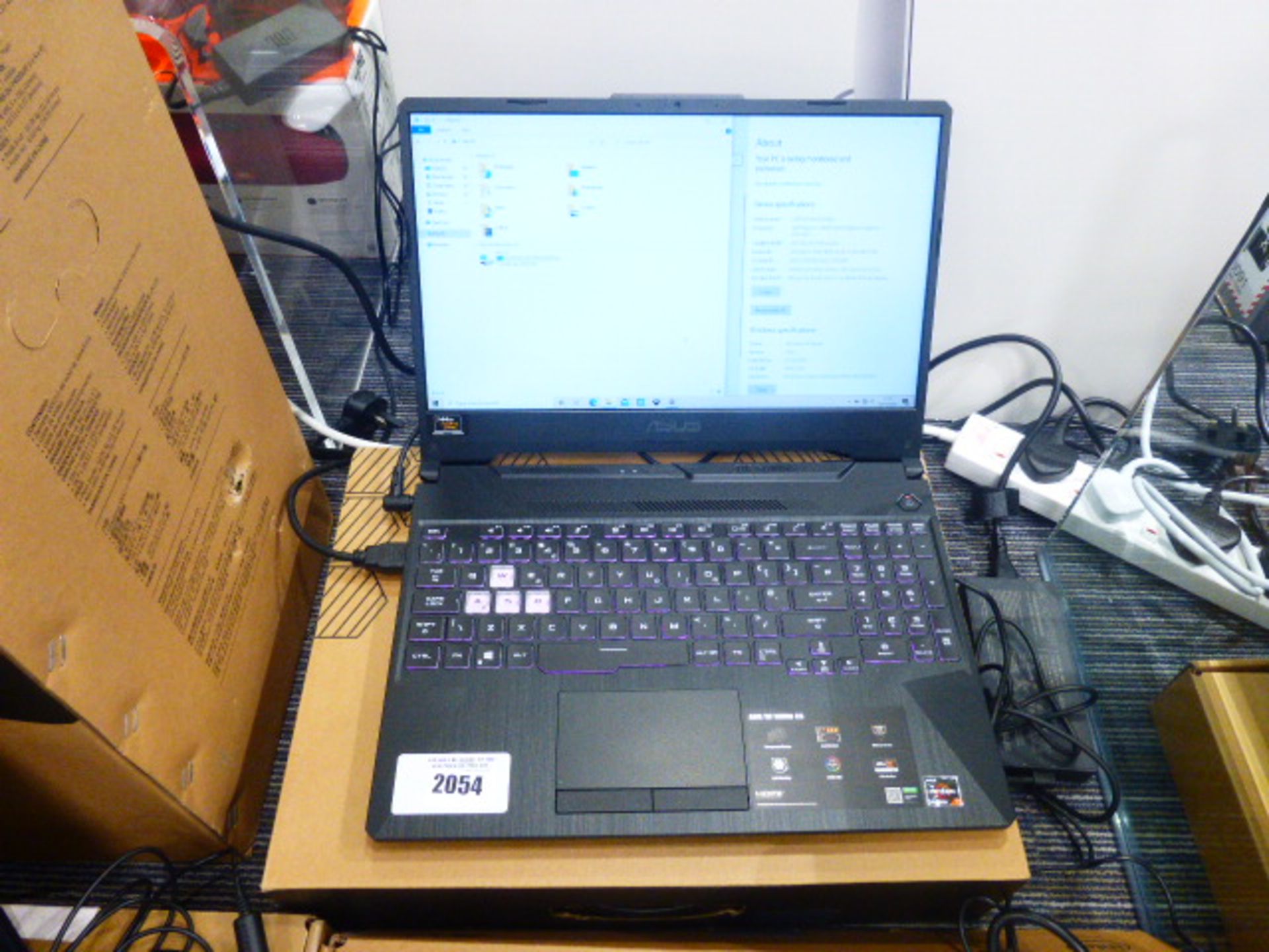 Asus Tuf A15 gaming laptop. AMD Ryzen 7 CPU, 16GB RAM, 512GB storage. GTX 1660TI graphics. Windows