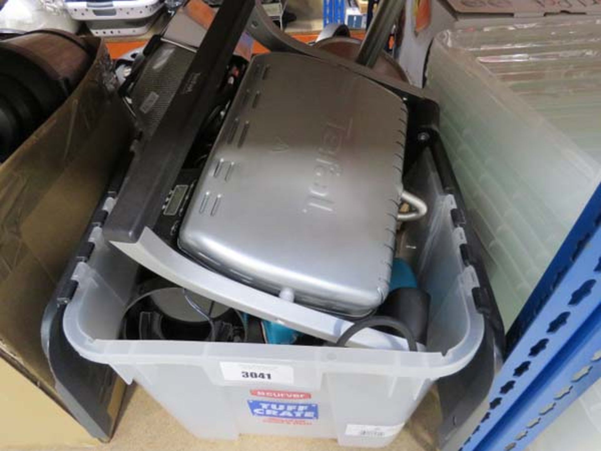 Box containing mixed kitchenware including Tefal grill and other kitchen appliances