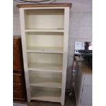 (2063) Modern white open front bookcase with oak top