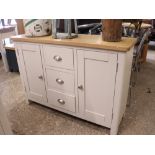 (14) Modern light grey sideboard with 2 cupboards and 3 central drawers and oak surface