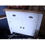 (11) Modern white single drawer sideboard with double door cupboard and oak surface