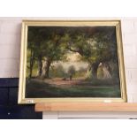Gilt framed painting of 2 ladies in woodland
