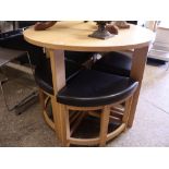 Modern circular beech dining table with 4 brown leatherette upholstered nesting stools