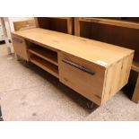 (11) Oak TV stand on metal supports with 2 drawers