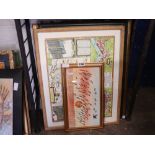 Framed map of Middlesex, framed and glazed black and white etching and pastel farmhouse scene