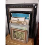 Approx. 9 various framed pictures and large black picture frame