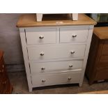 (2001) Modern off white chest of 2 over 3 drawers with oak surface