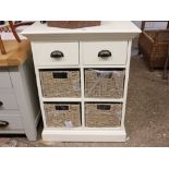 (7) Modern white storage unit with 4 rattan drawers and 2 wooden drawers over