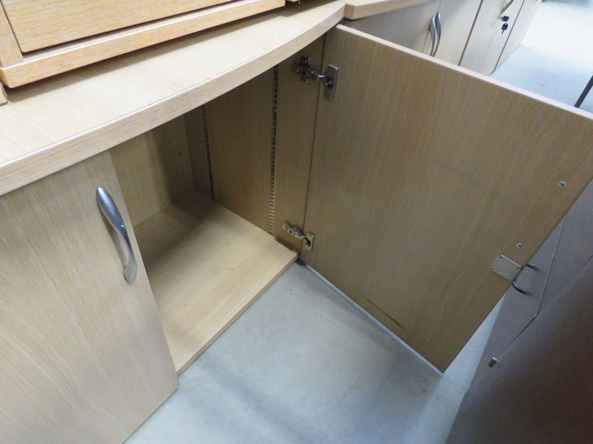 Two oak effect curved front 2-door low stationery cupboards - Image 2 of 2