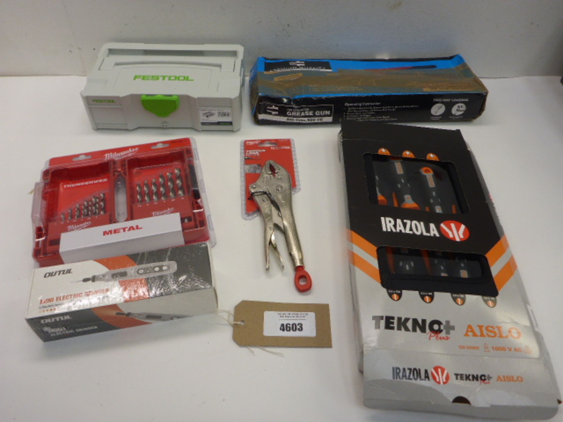 Festool tool case, grease gun, Milwaukee metal drill bits, mini electric grinder, torque grip and