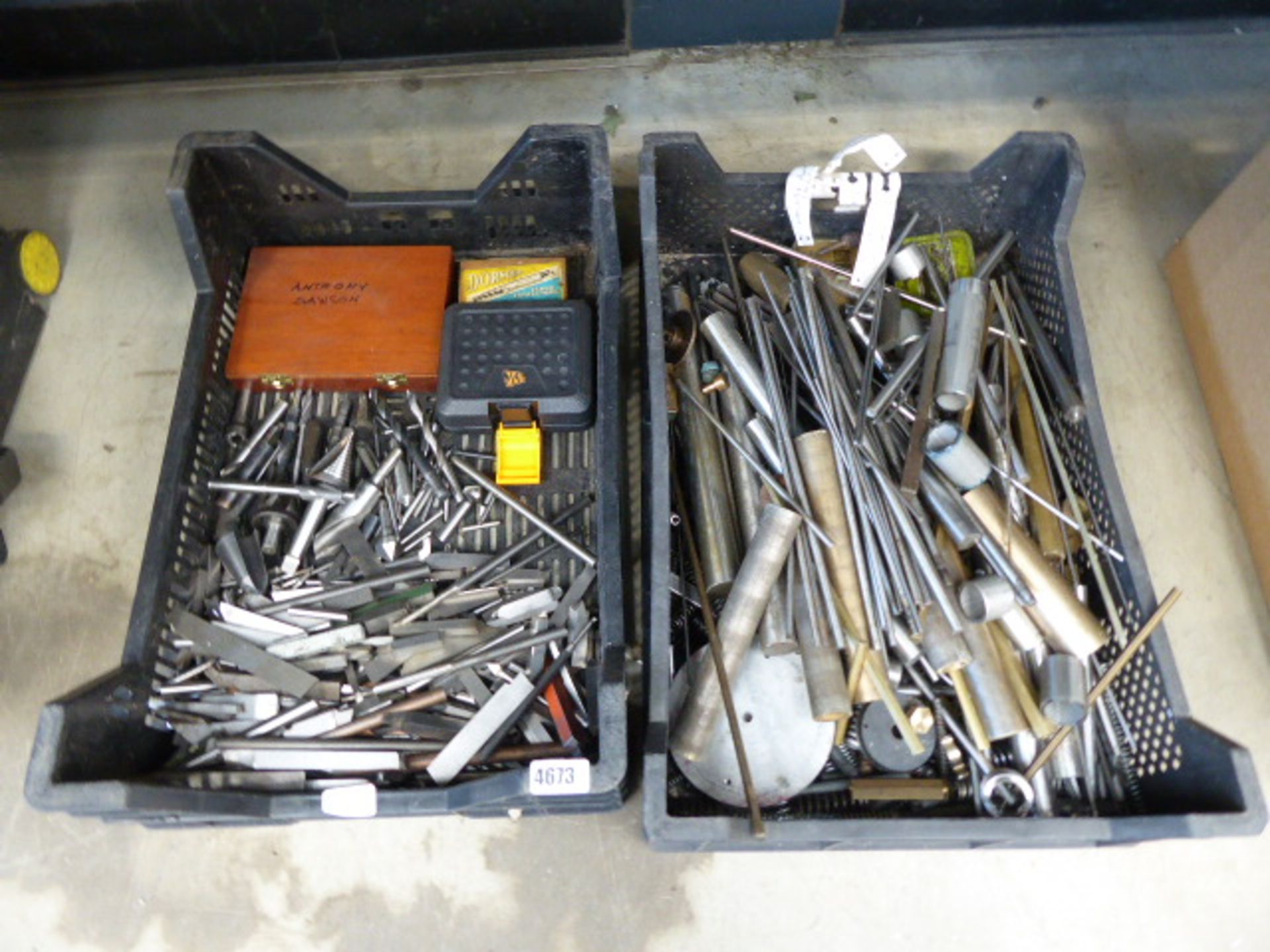 2 trays comprising sundry drillbits, lathe tools, bronze tube, steel rod, etc