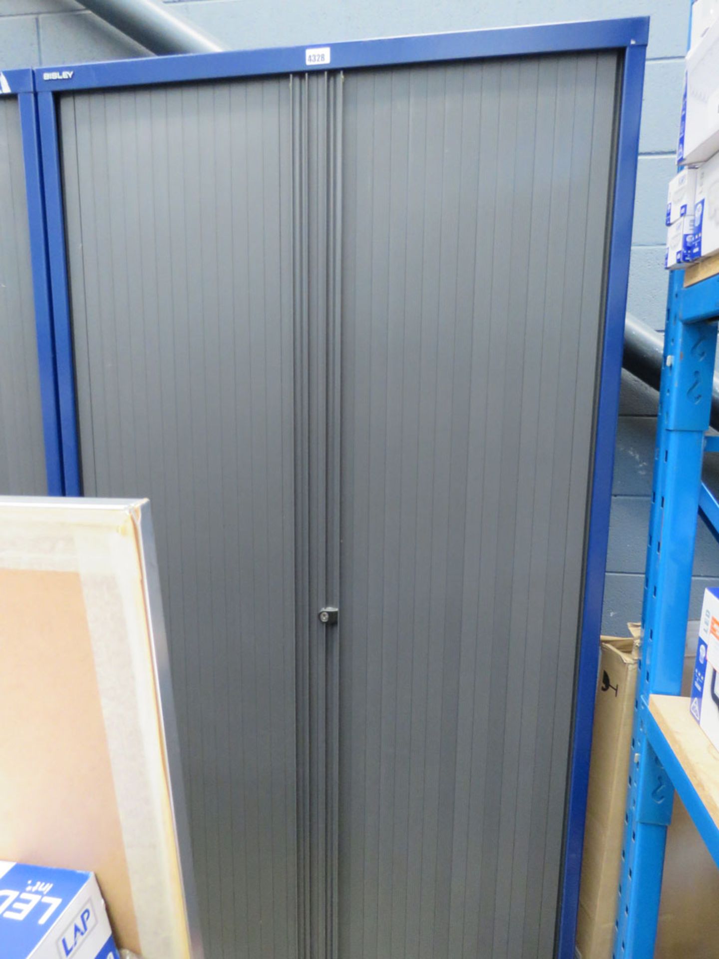 6ft Bisley grey and blue tambour fronted stationery cupboard with built in shelves - Image 2 of 2