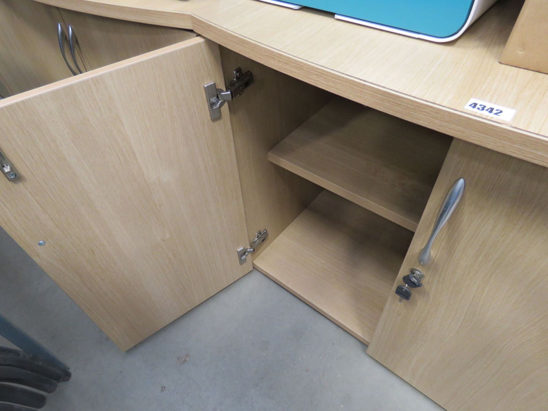 Two oak effect curved front 2-door low stationery cupboards - Image 2 of 2