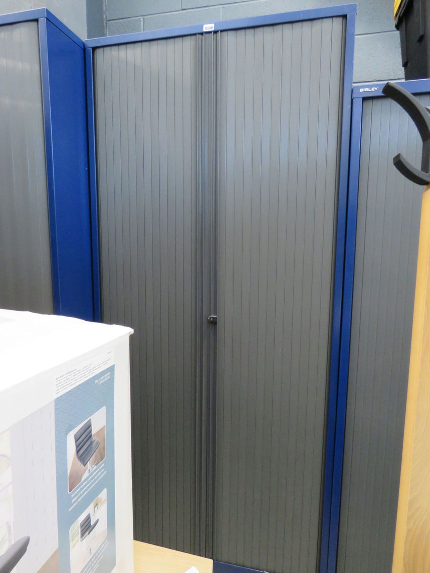 7ft blue and grey tambour fronted stationery cupboard with built in shelves - Image 2 of 2
