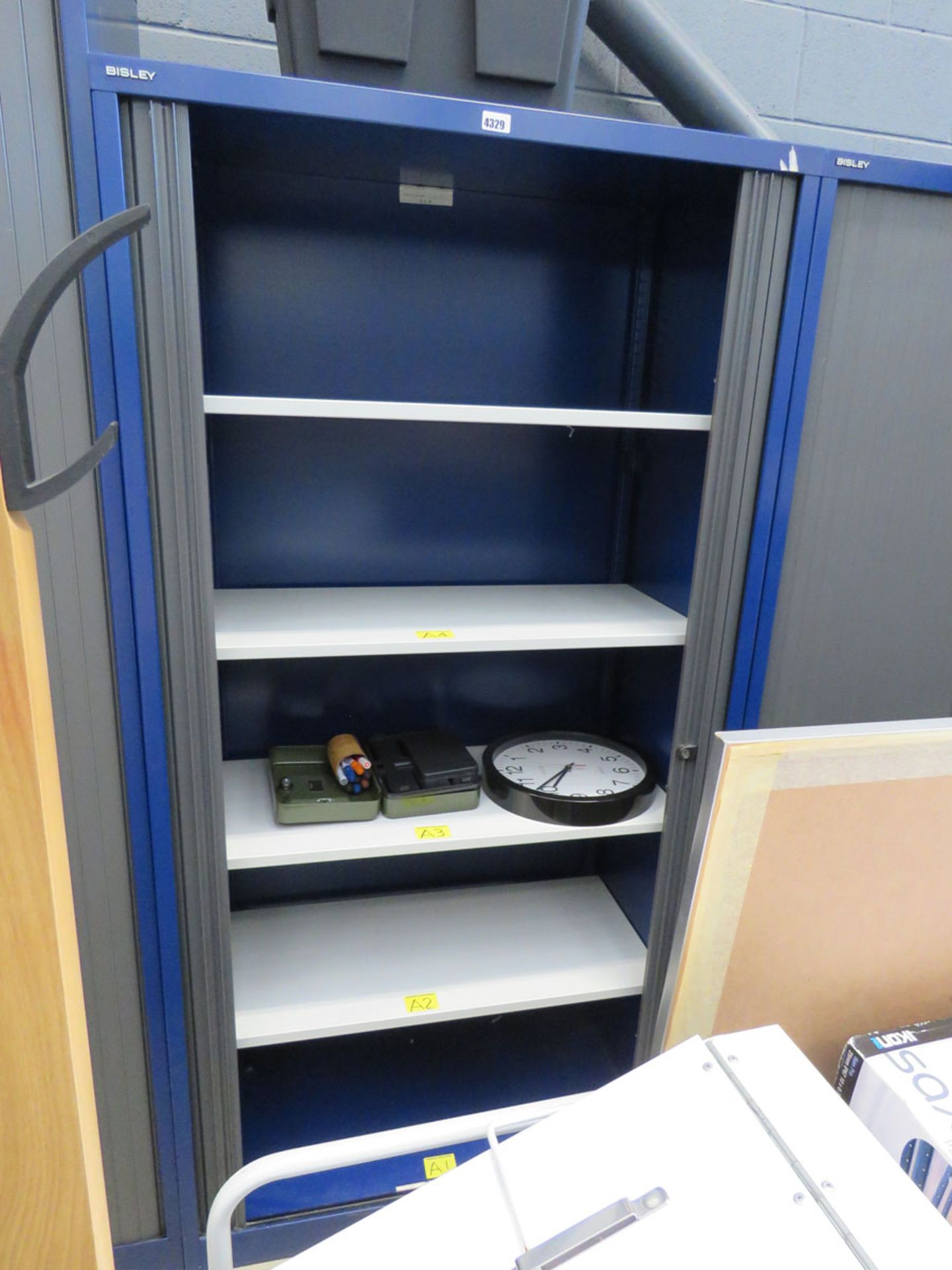 6ft Bisley grey and blue tambour fronted stationery cupboard with built in shelves