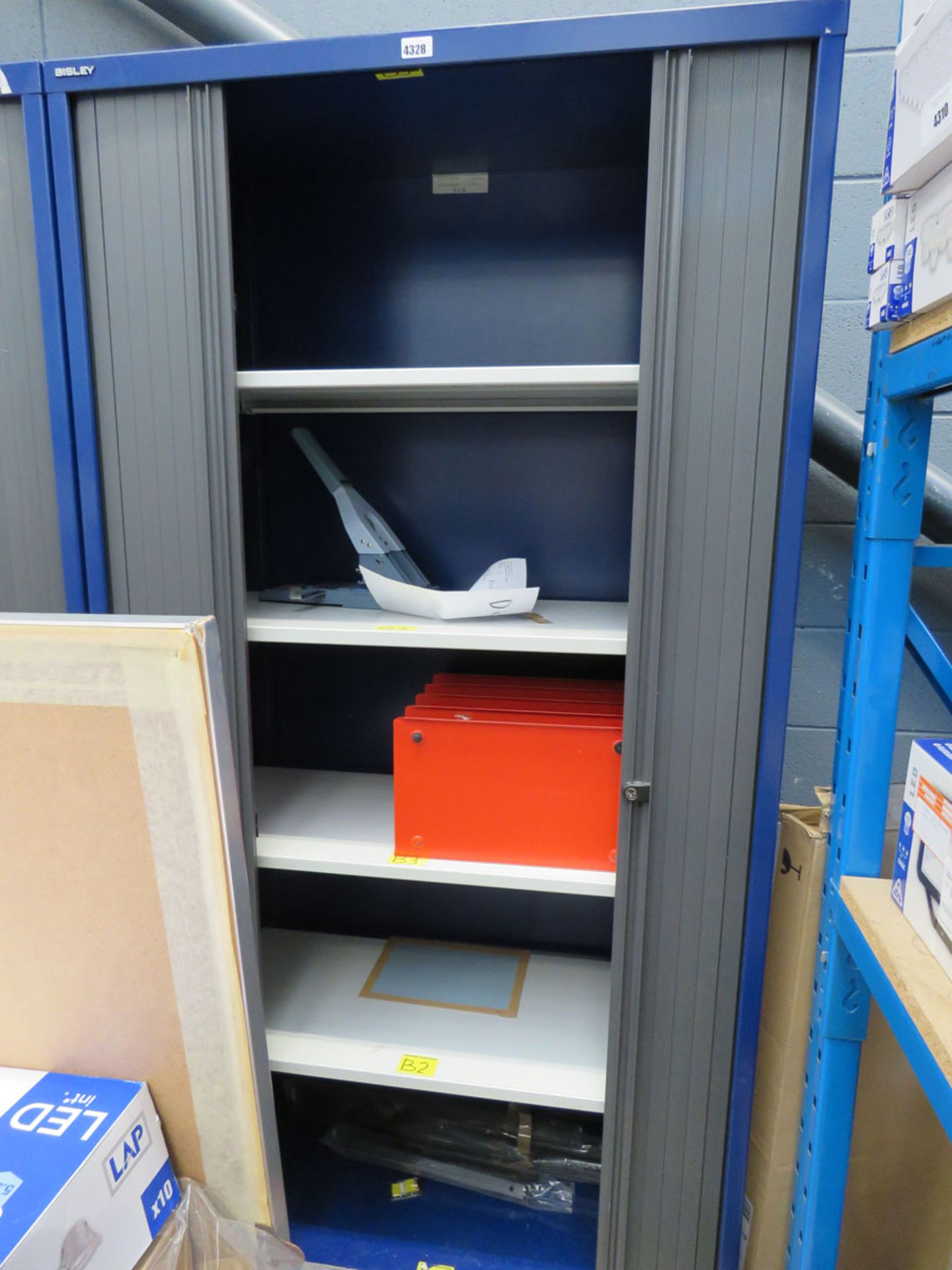 6ft Bisley grey and blue tambour fronted stationery cupboard with built in shelves